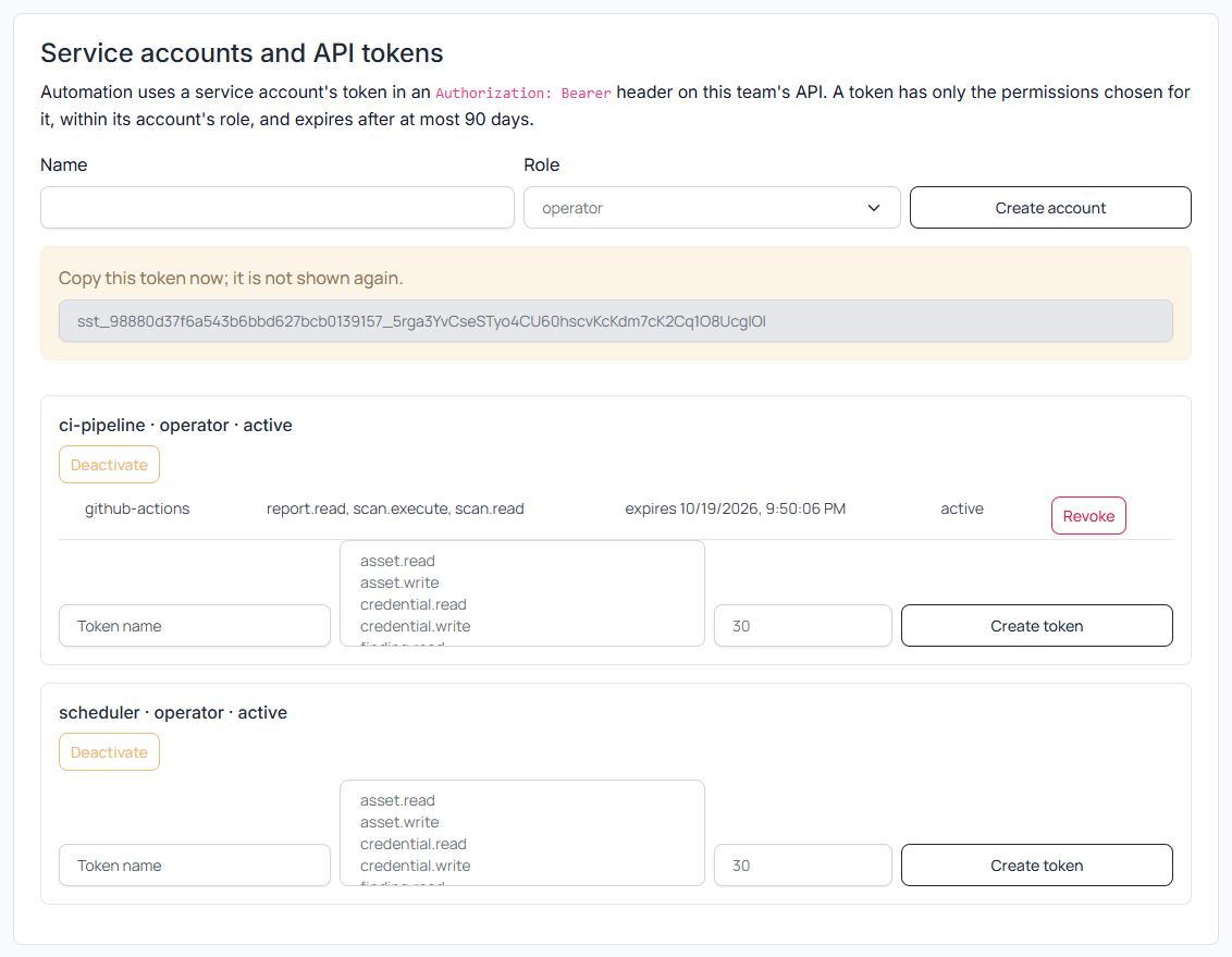 ScanSuite service accounts and API tokens