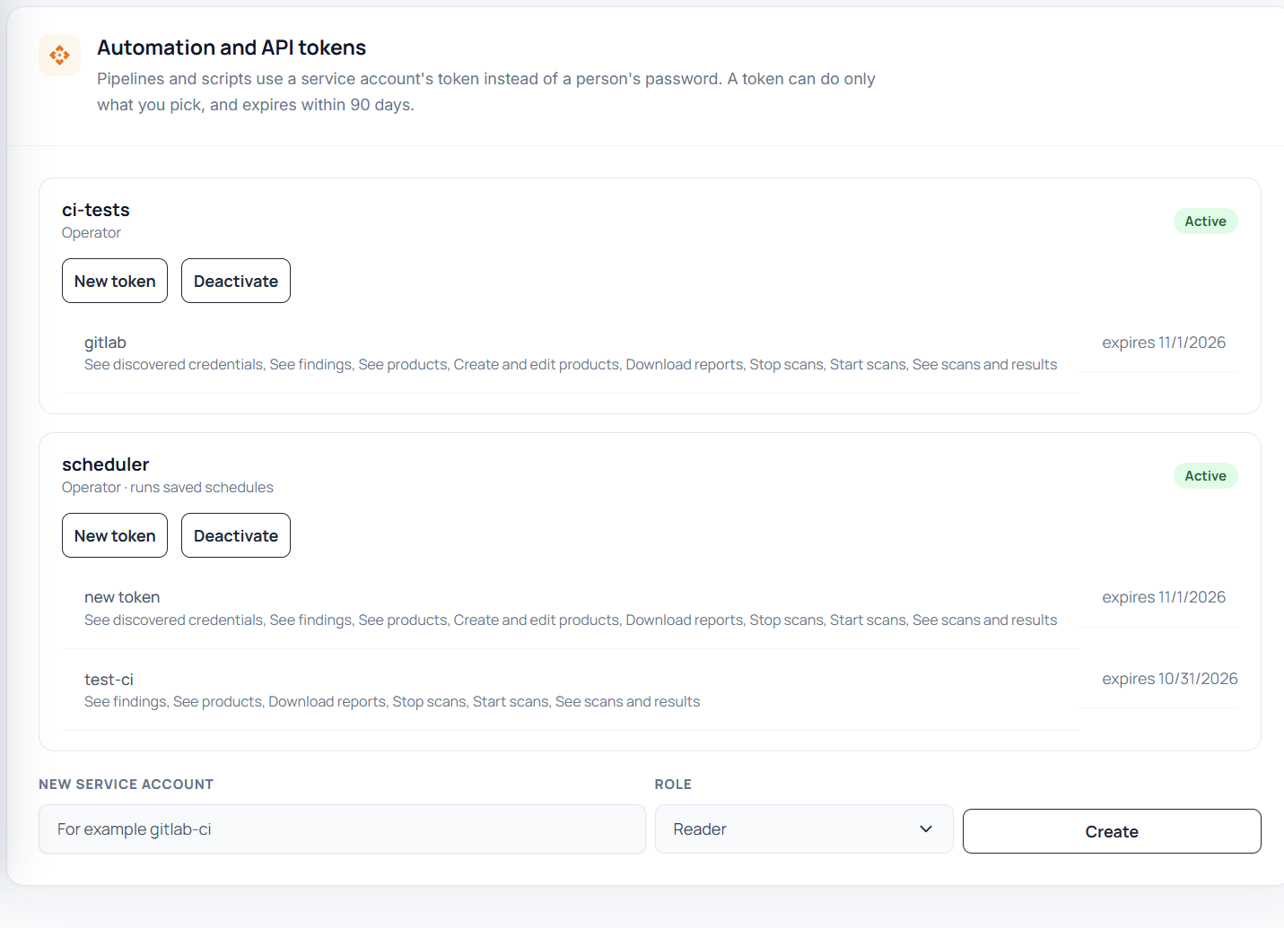 Automation and API tokens card in ScanSuite