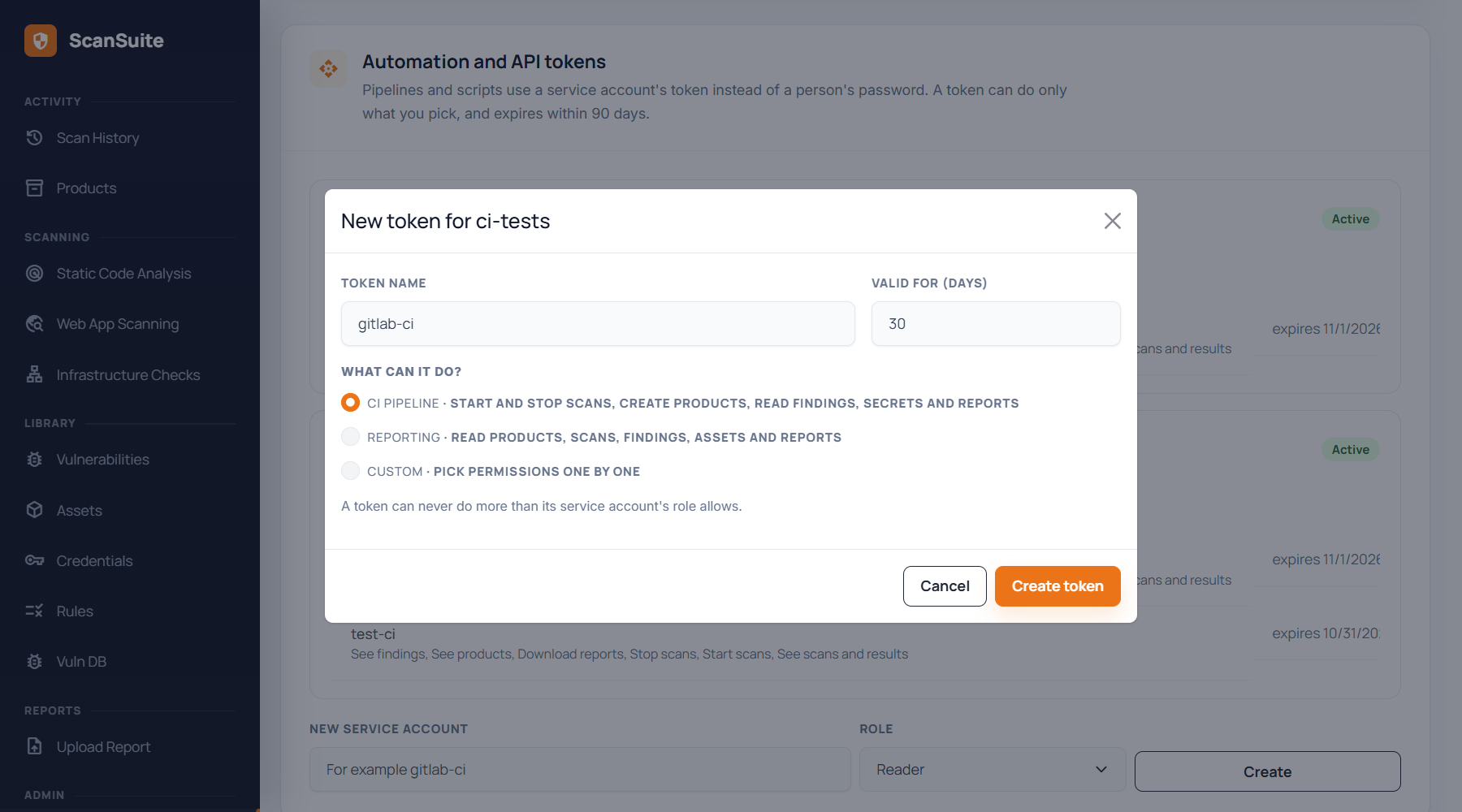 New token dialog in ScanSuite