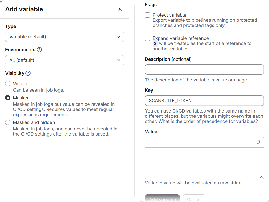 GitLab Add variable drawer