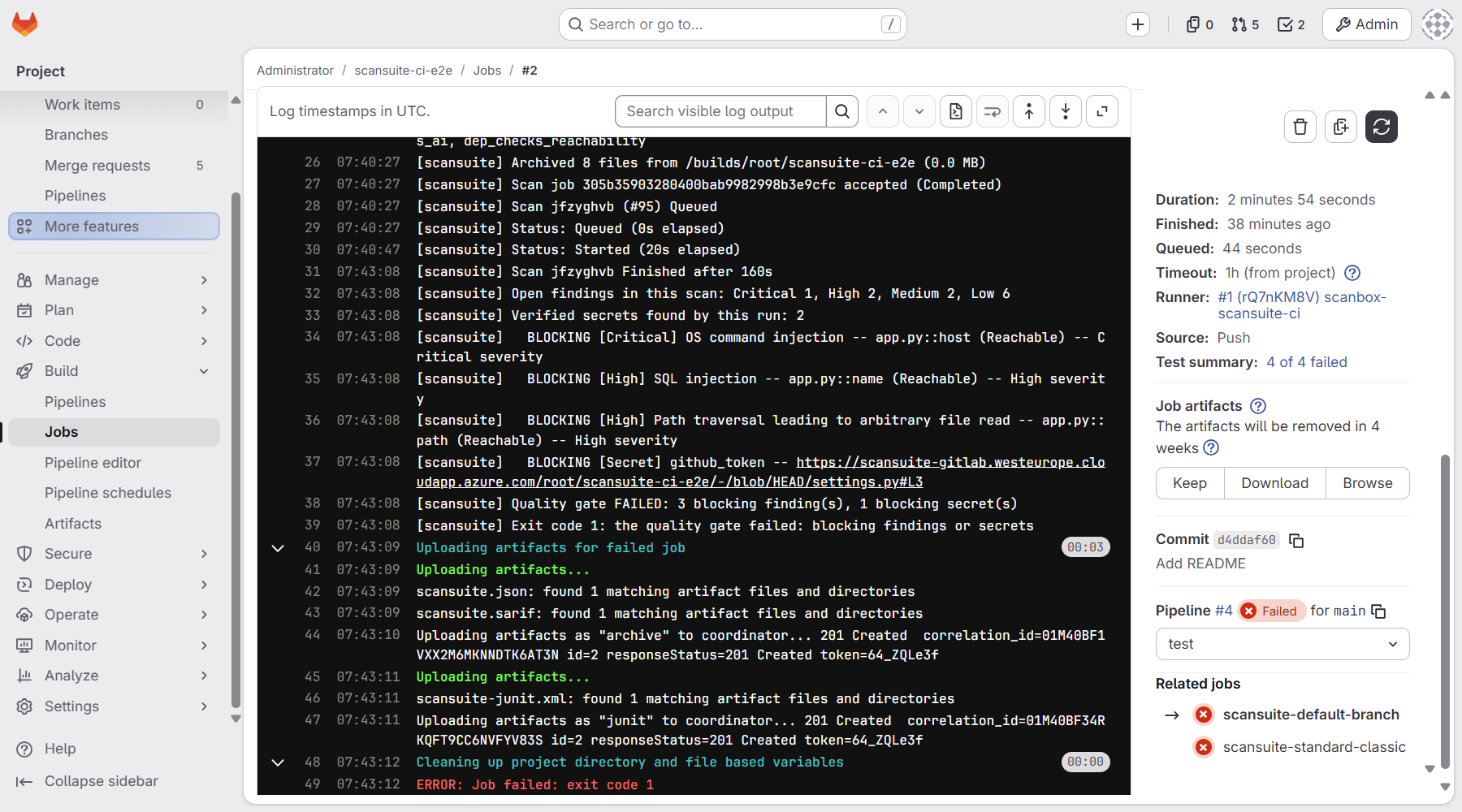 GitLab job log of the ScanSuite job