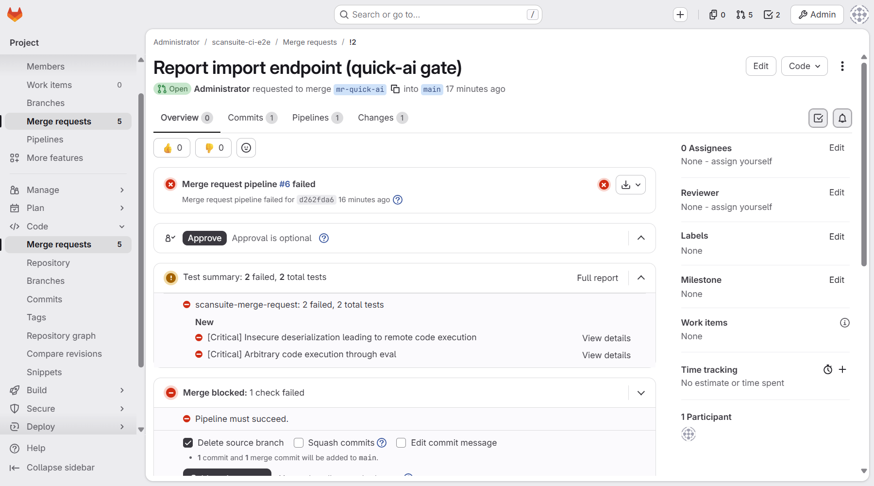 GitLab merge request with a failed ScanSuite test summary