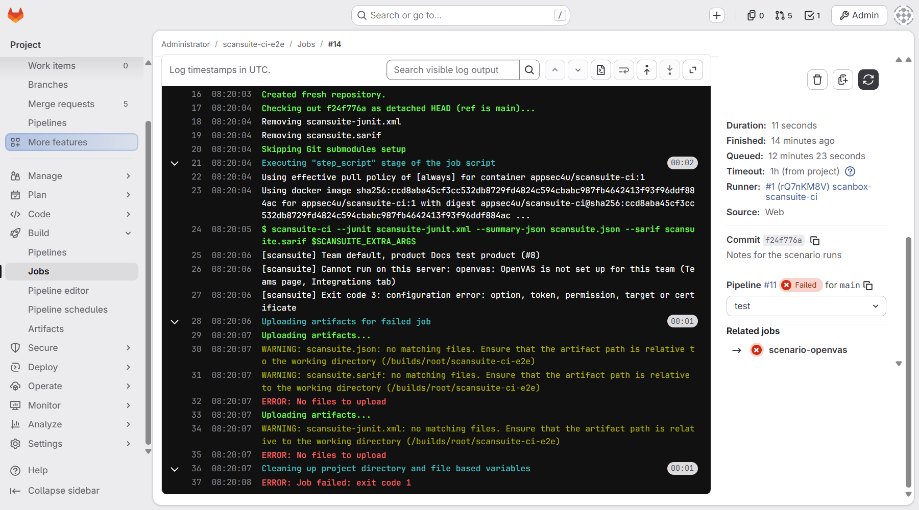 GitLab job log with a ScanSuite configuration error