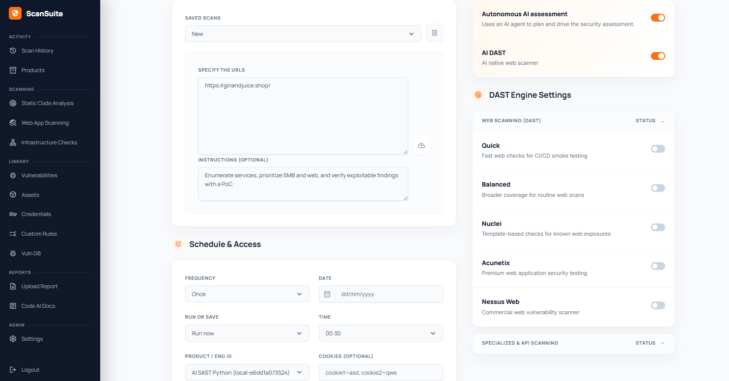 Scan form with the autonomous AI assessment and AI DAST enabled