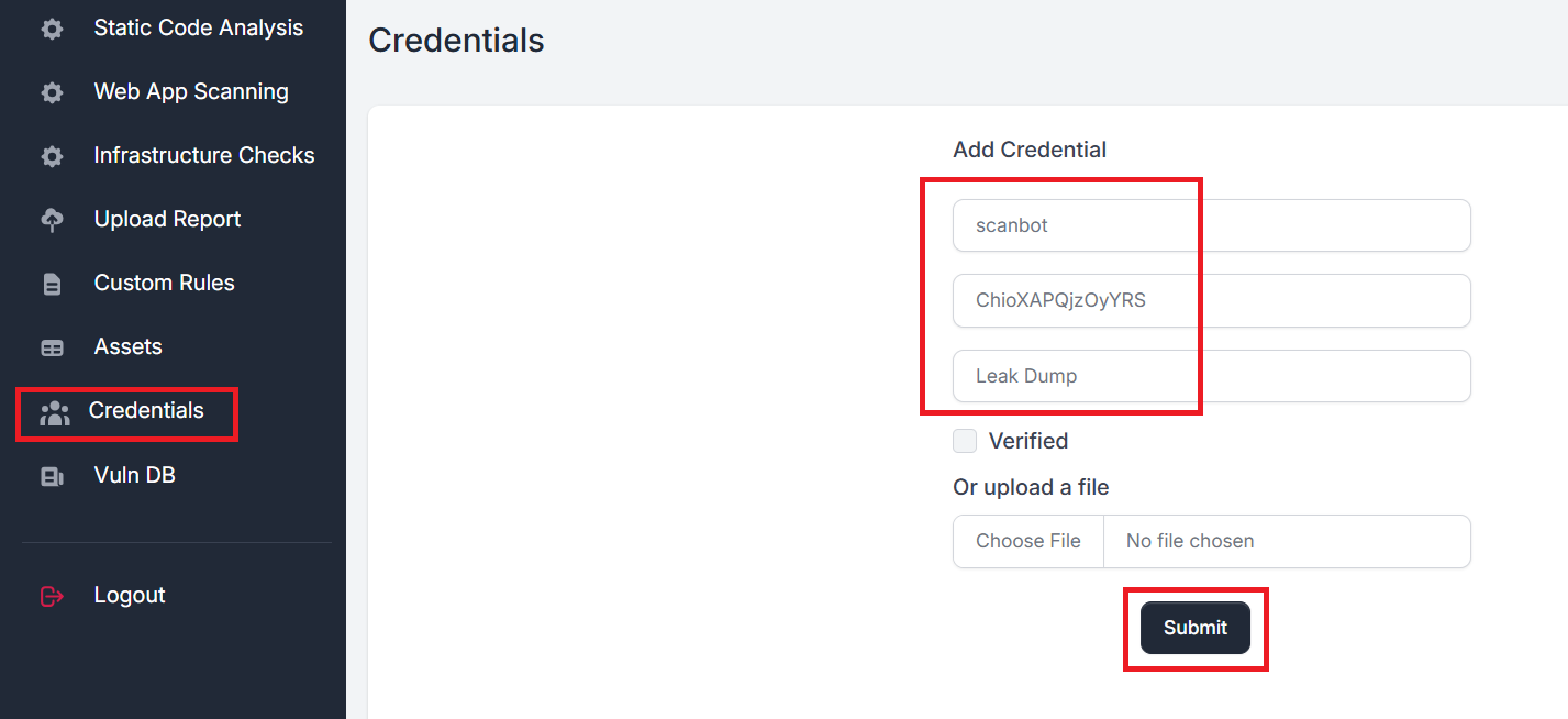 Credentials input form