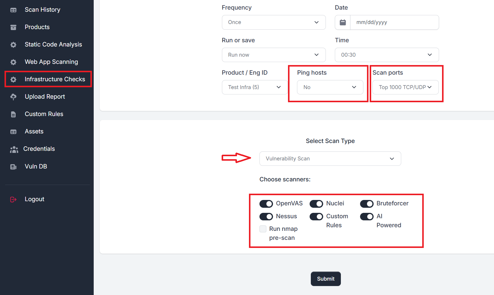Infrastructure vulnerability scan options