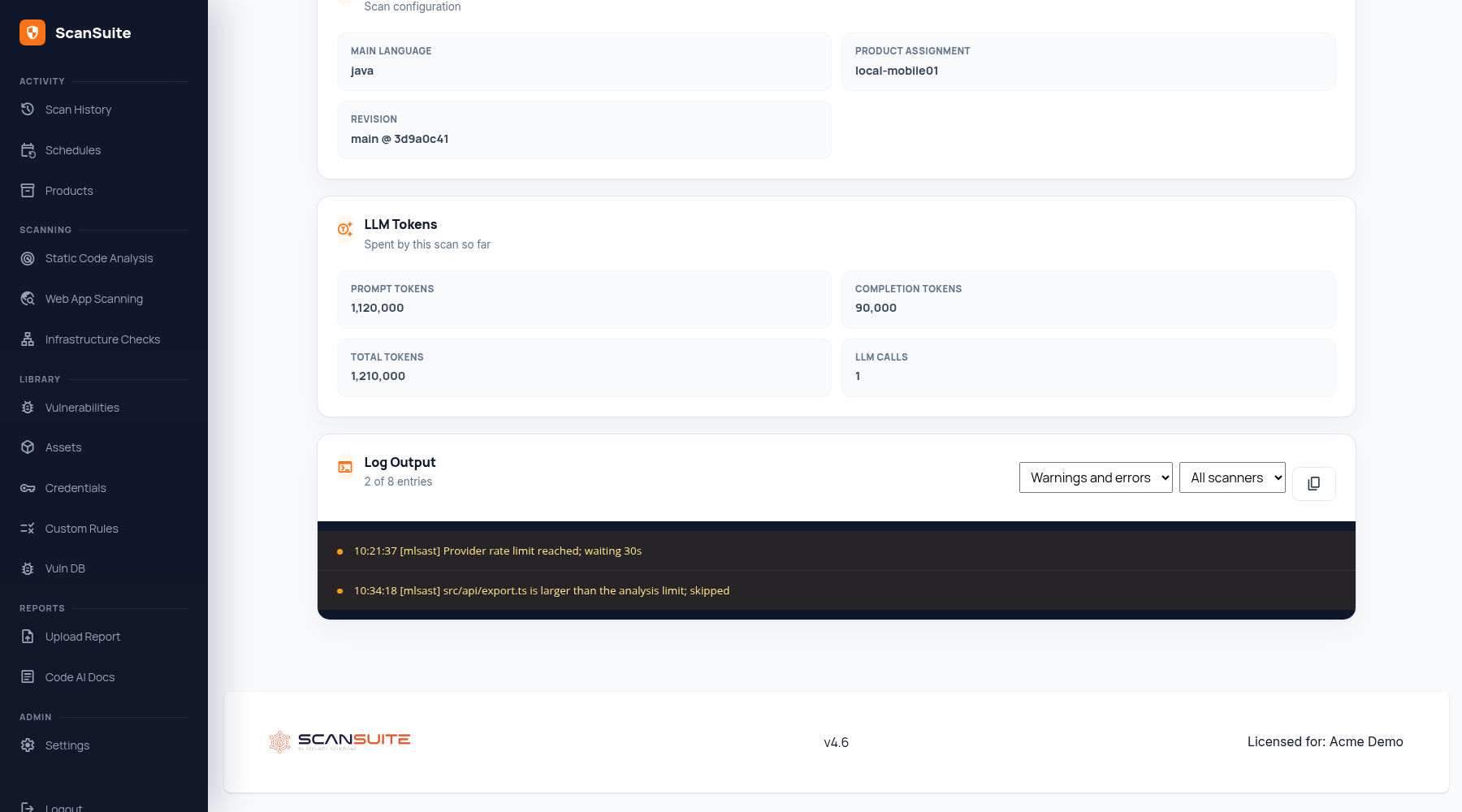 Scan log filtered by level