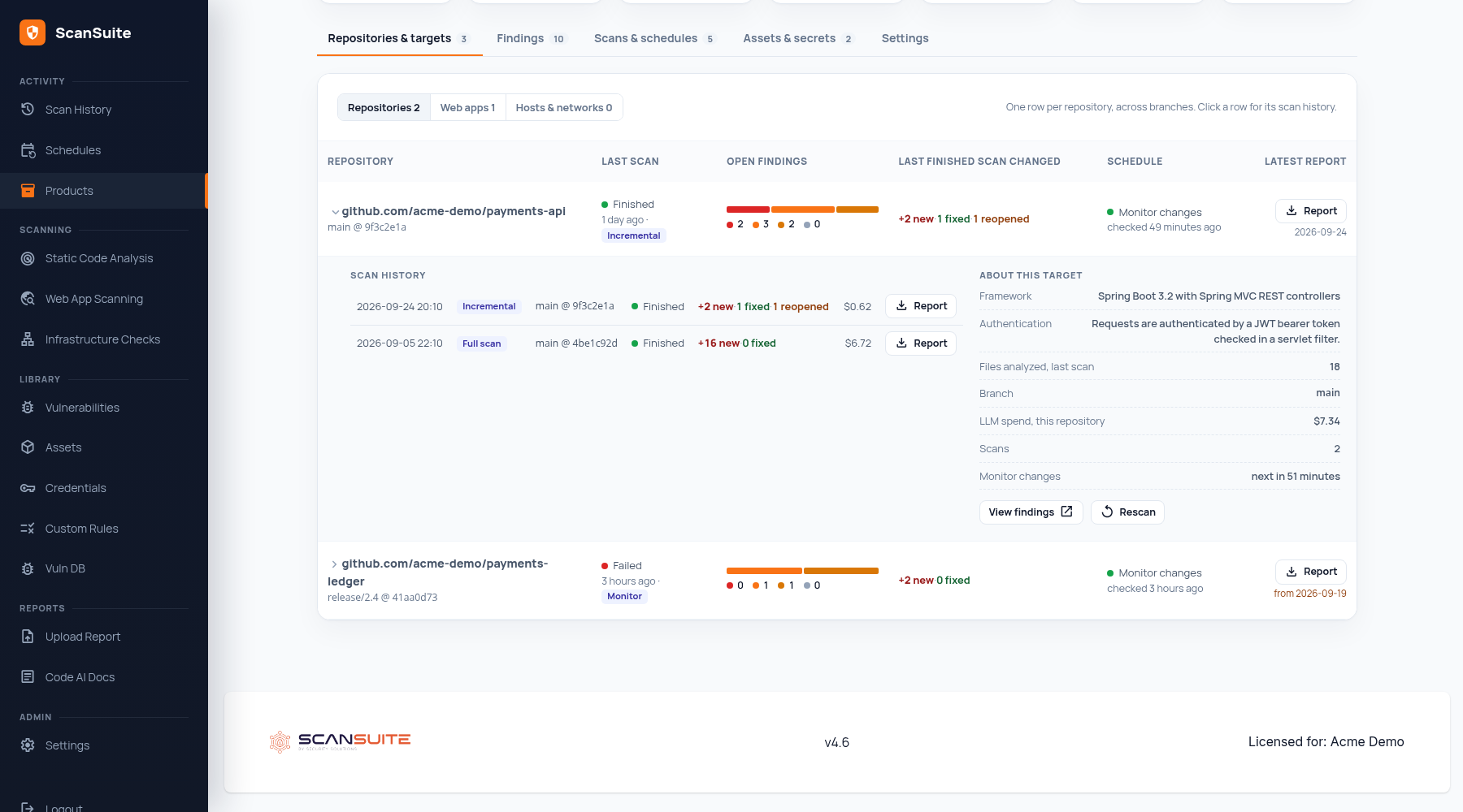Repository scan history on the product page