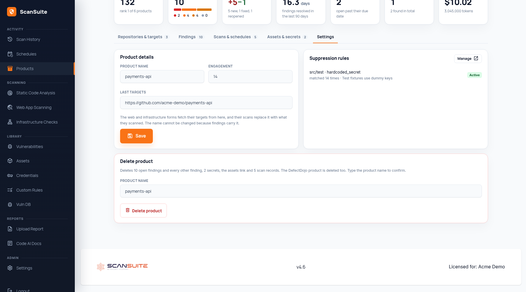 Settings tab of the product page