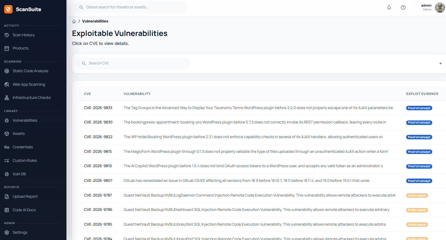 ScanSuite exploitable vulnerabilities database