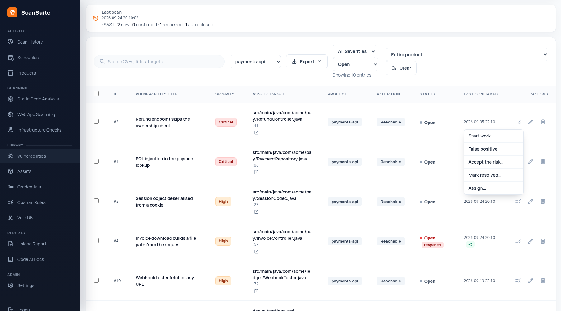 Vulnerabilities list with the triage menu open