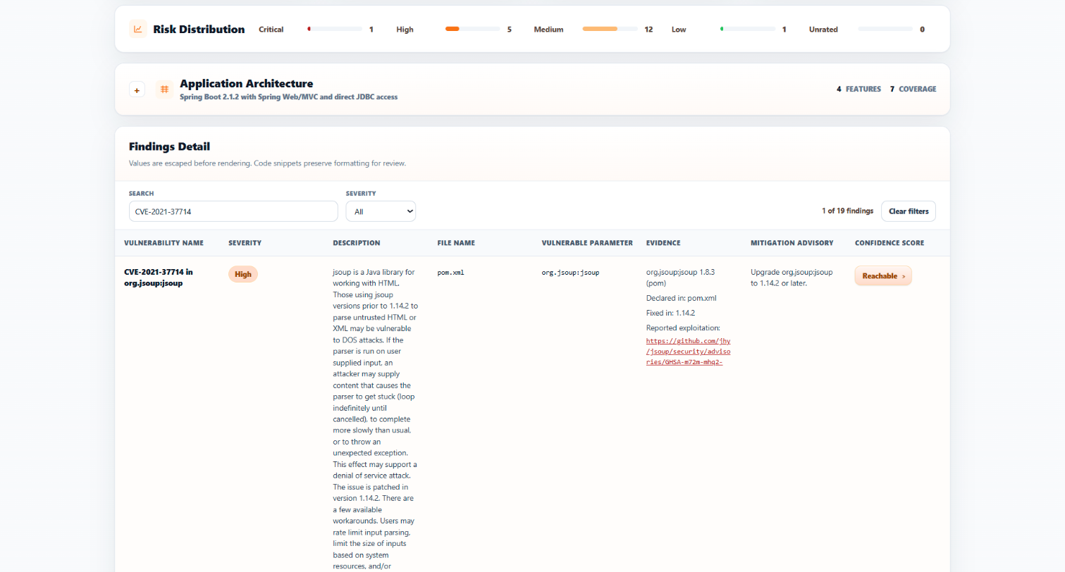 AI security report filtered to a reachable dependency advisory with a known exploit