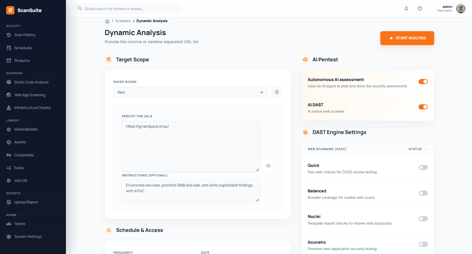 Scan form with the autonomous AI assessment and AI DAST enabled