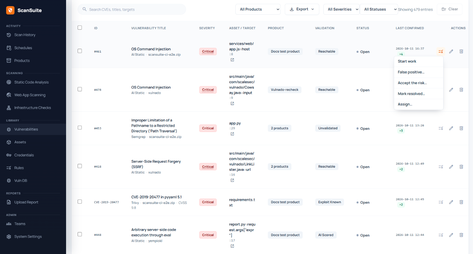 Vulnerabilities list with the triage menu open